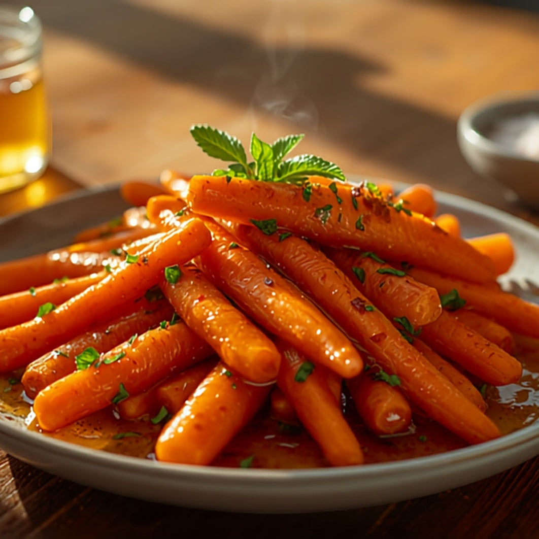 Overhead angle platter of glossy honey glazed Aniseed Myrtle carrot batons scattered with fresh mint, a jar of honey and a small dish of salt softly blurred behind