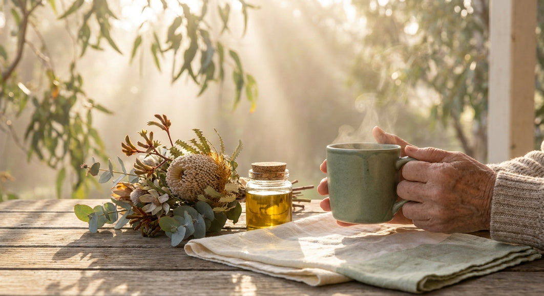 An older woman's hands holding a warm herbal tea mug on a sunlit timber veranda, surrounded by native Australian botanicals and a jar of natural oil in soft morning light.